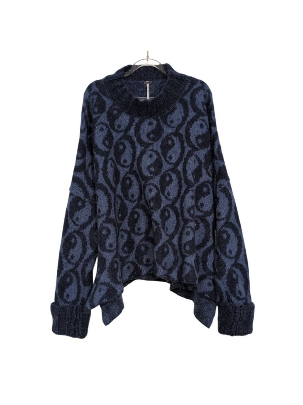 Free People Yin Yang Sweater Womens Size Large Blue Jacquard Oversized Pullover